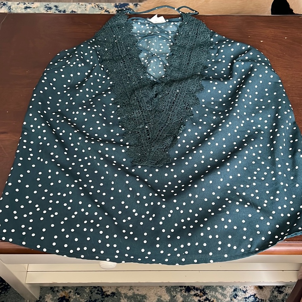 Green and white polkadotted tank top with lace